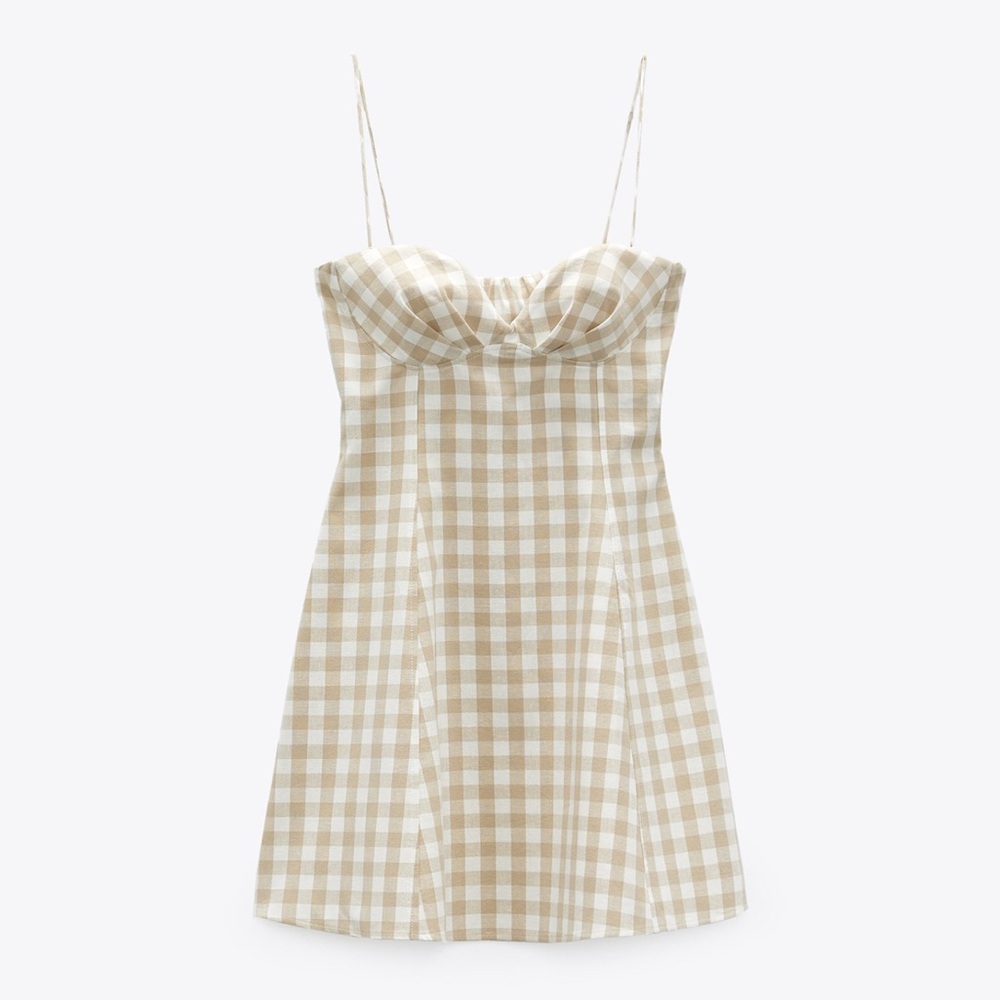 Zara Gingham Checked Linen Bustier Sweetheart Mini Dress Tan White S